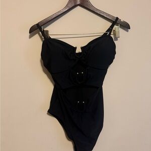 Black One-Piece Cutout Swimsuit with Gold Ring Accents